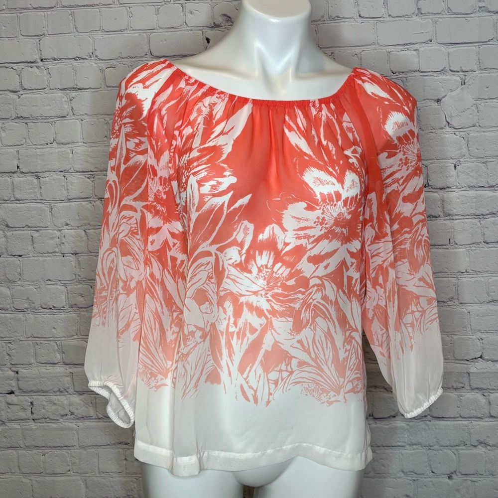 Jennifer Lopez Tropical Print Sheer Orange and White Blouse Size S